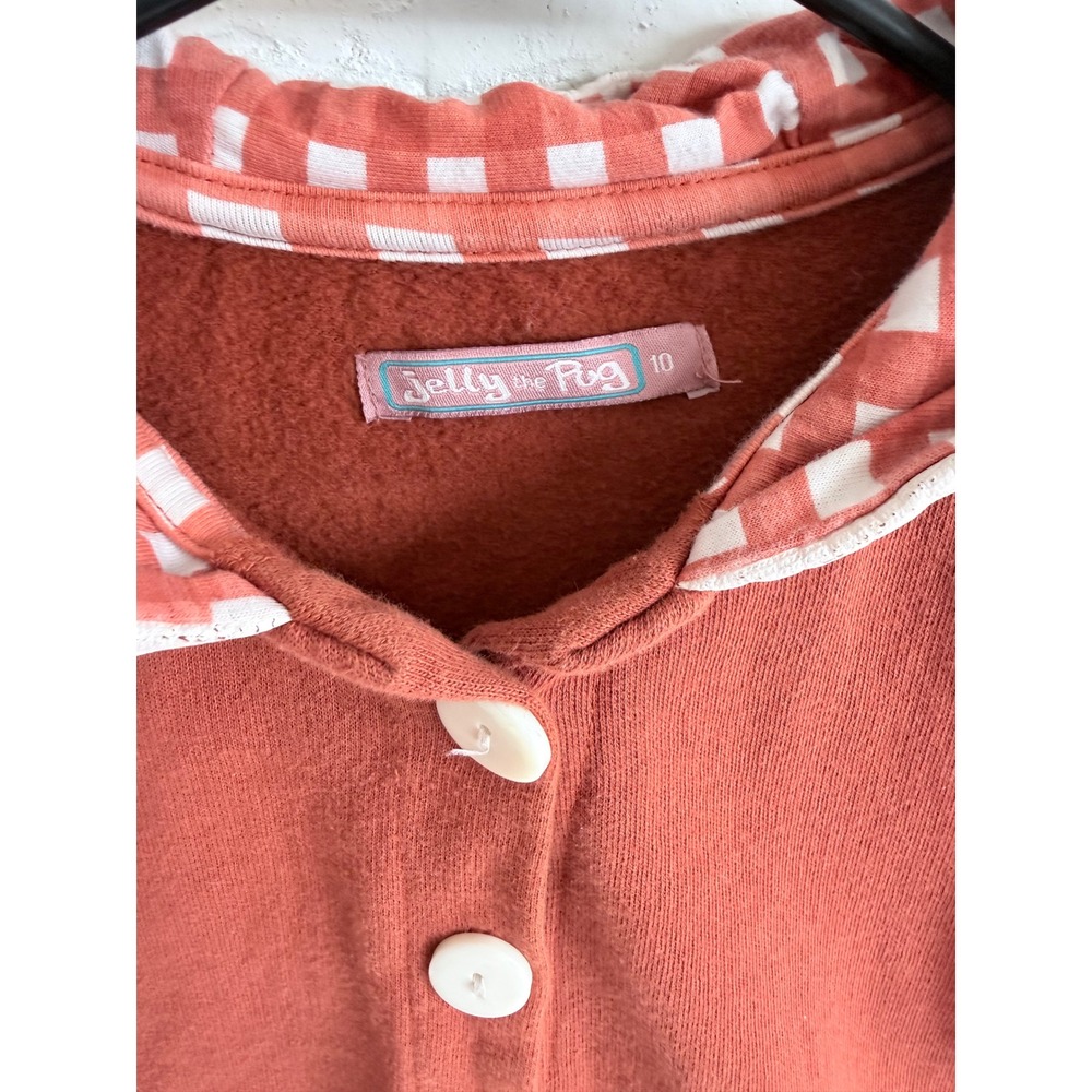 Jelly the Pug Fox Fleece Jacket Hooded Girls Size 10 Orange Gingham Ruffle Trim - Picture 2 of 5